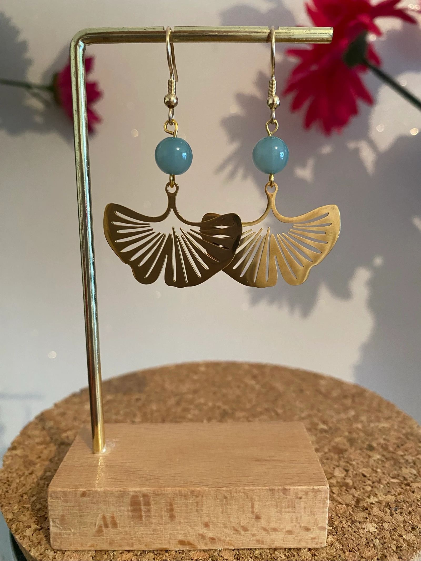 Boucles d’oreilles gingko effet miroir dorée  – photo 3